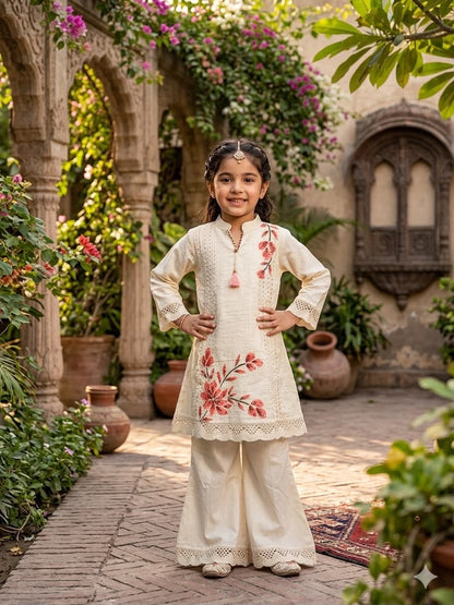 Girls Off-White Floral Embroidered Kurti Sharara Set (Peach / Purple)
