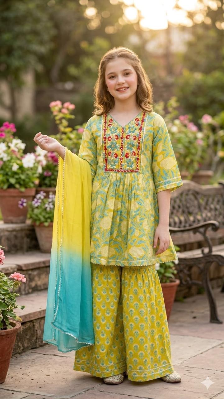 Girls Yellow Printed & Embroidered Kurti Palazzo Set