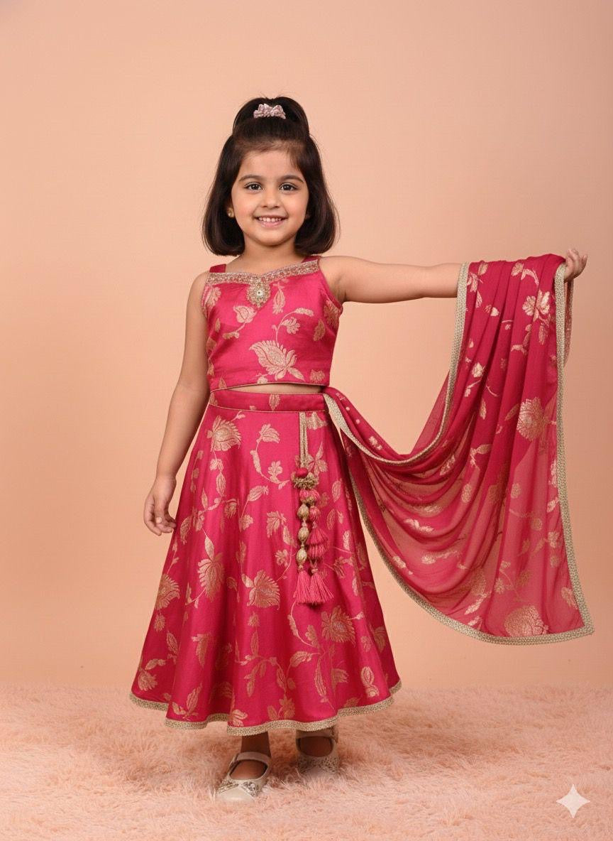 Girls Pink Banarasi Lehenga Choli with Zari Floral Print & Dupatta