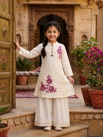 Girls Off-White Floral Embroidered Kurti Sharara Set (Peach / Purple)