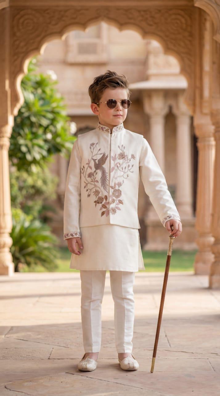 Boys Cream Embroidered Bird Motif Koti Kurta Set with Trousers | Kids Ethnic Wear