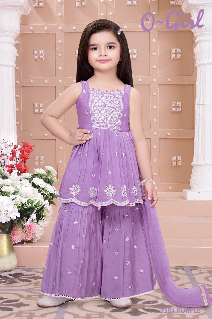 Girls Purple Sharara Palazzo Suit with Embroidered Peplum Kurti & Dupatta