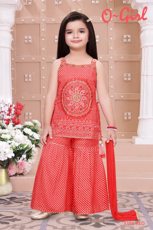 Kids Red Embroidered Sharara Set | Designer Kurti Palazzo with Dupatta