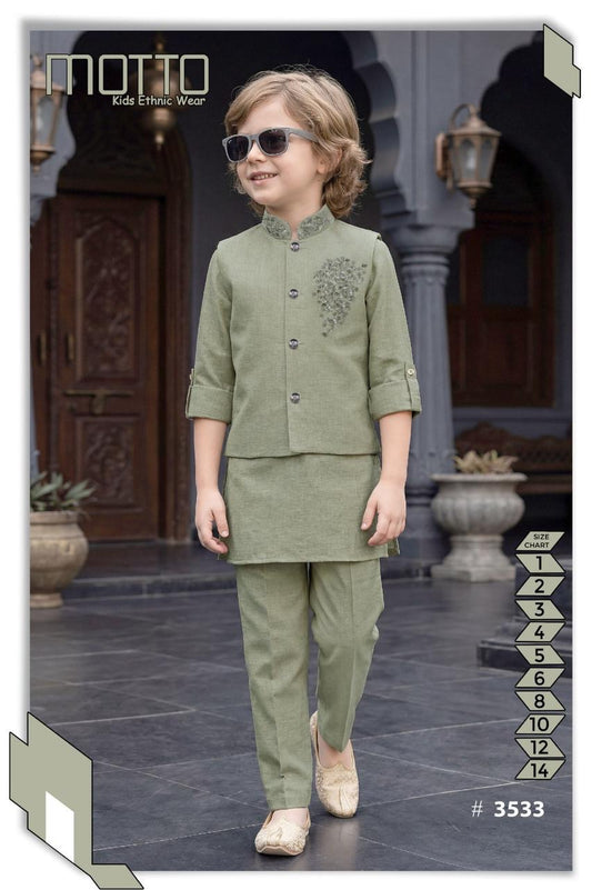 Boys Olive Green Hand Embroidered Koti Kurta Set with Trousers | Kids Ethnic Wear