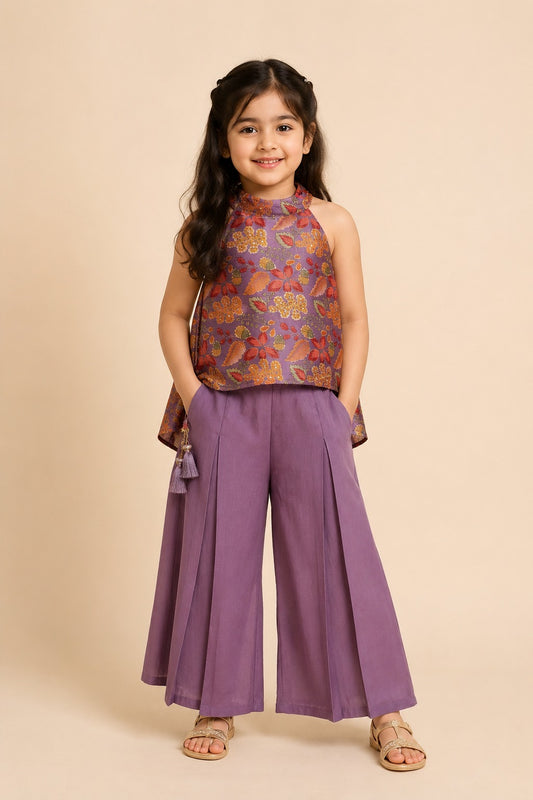 Indo-Western Mauve Floral Printed Top & Pleated Palazzo Set for Girls