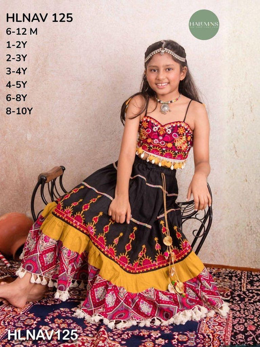 Girls Black & Pink Embroidered Lehenga Choli Set