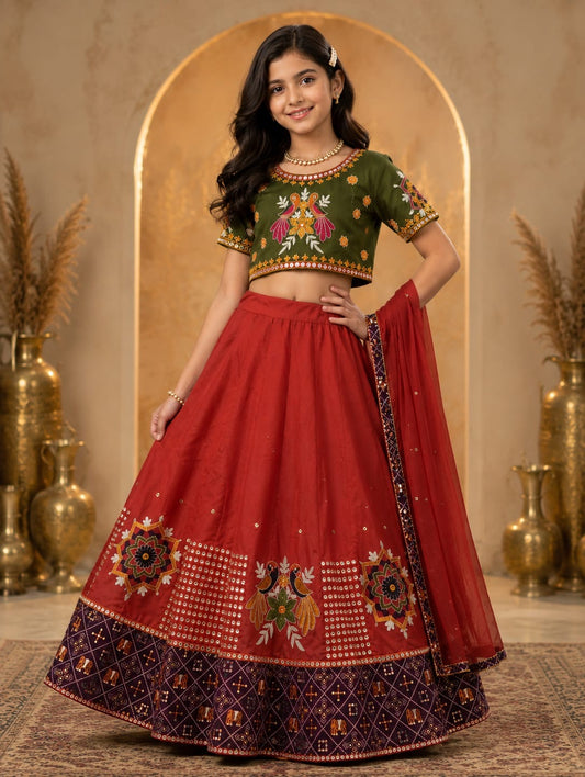 Traditional Girls Chaniya Choli with Colorful Embroidery, Mirror Work & Matching Dupatta | Perfect for Navratri, Garba & Wedding Celebrations