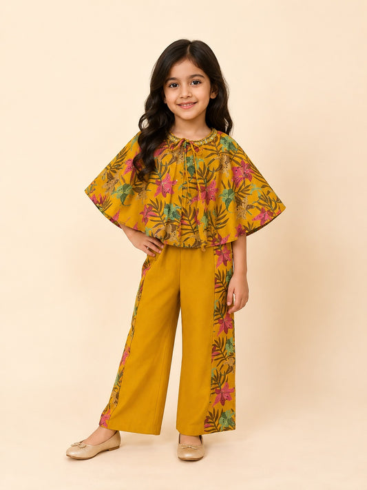 Girls Mustard Yellow Floral Cape Top with Printed Panel Palazzo Set