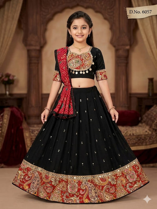 Girls Paisley Embroidered Lehenga Choli with Bandhani Dupatta | Designer Kids Ethnic Wear for Navratri, Wedding & Festive Collection
