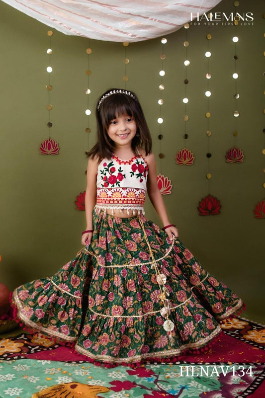 Girls Off-White & Forest Green Floral Printed Festive Lehenga Set
