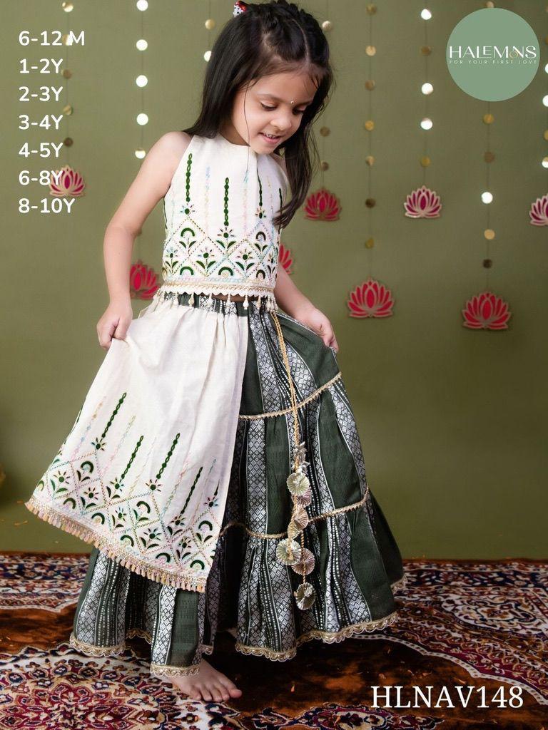 Girls Cream & Olive Green Threadwork Embroidered Tiered Festive Lehenga