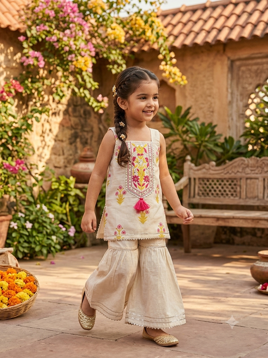 Girls Off-White Embroidered Strappy Kurti Pant Suit