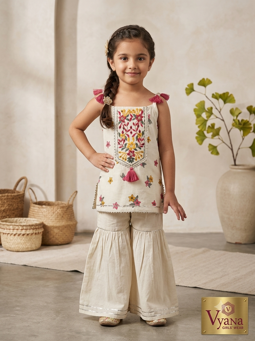 Girls Ivory Embroidered Sleeveless Kurti Pant Suit