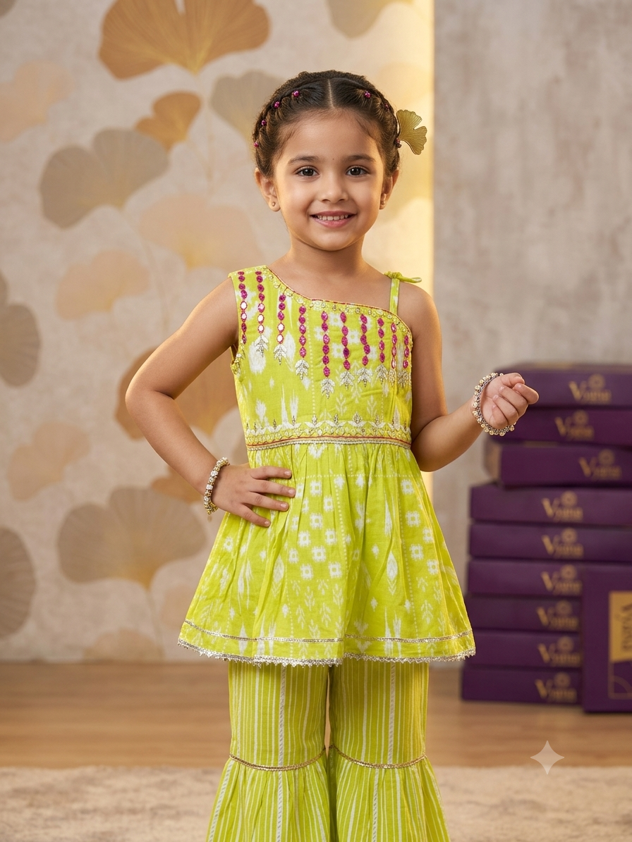 Girls Lime Green Festive Kurti Palazzo Set