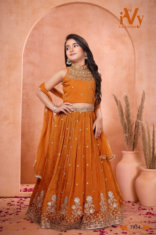 Saffron Silk Sleeveless Crop Top Lehenga Choli with Dupatta