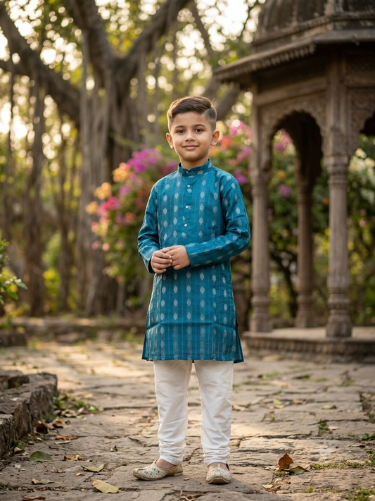Stylish Teal Blue Patterned Kurta for Boys – Festive Special