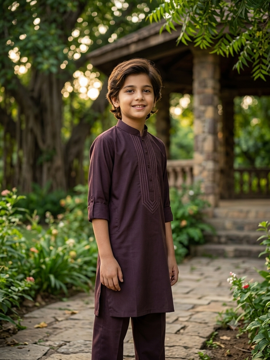 Premium Brown Embroidered Kurta Set for Kids