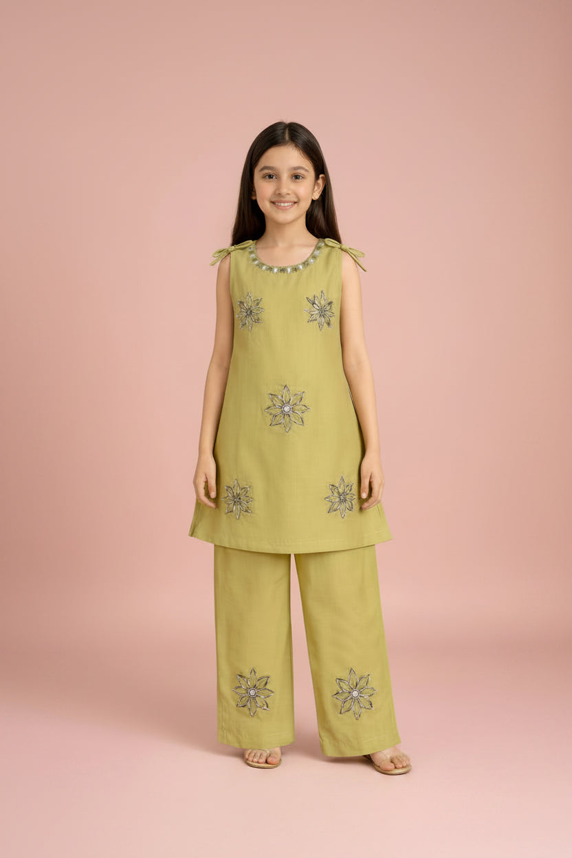 Pastel Olive Ethnic Set for Girls – Embroidered Kurti with Palazzo Pants