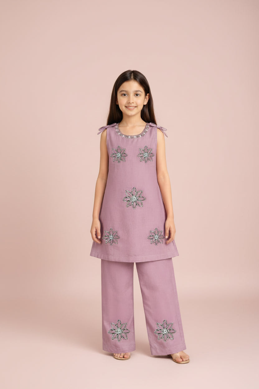 Pastel Purple Embroidered Ethnic Set for Girls – Kurti with Palazzo Pants