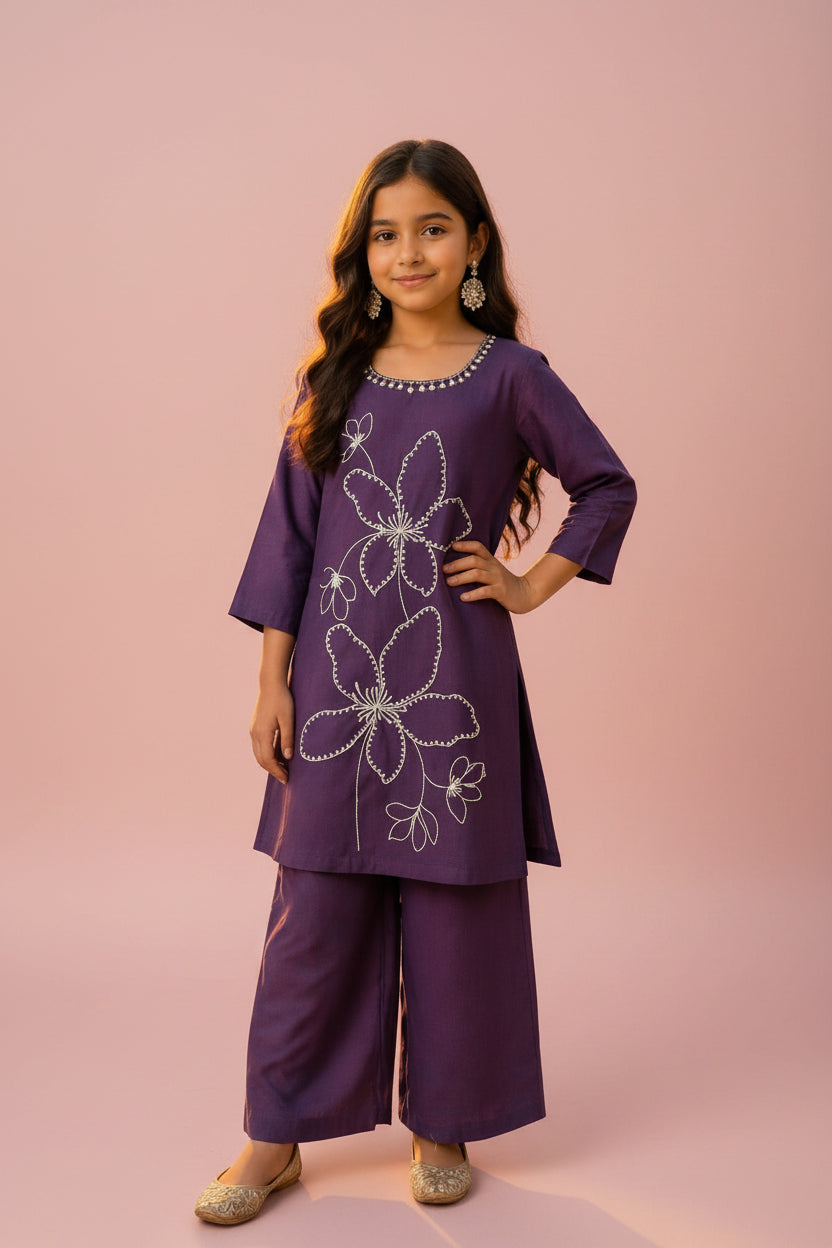 Elegant Deep Purple Ethnic Set for Girls – Floral Kurti with Palazzo Pants
