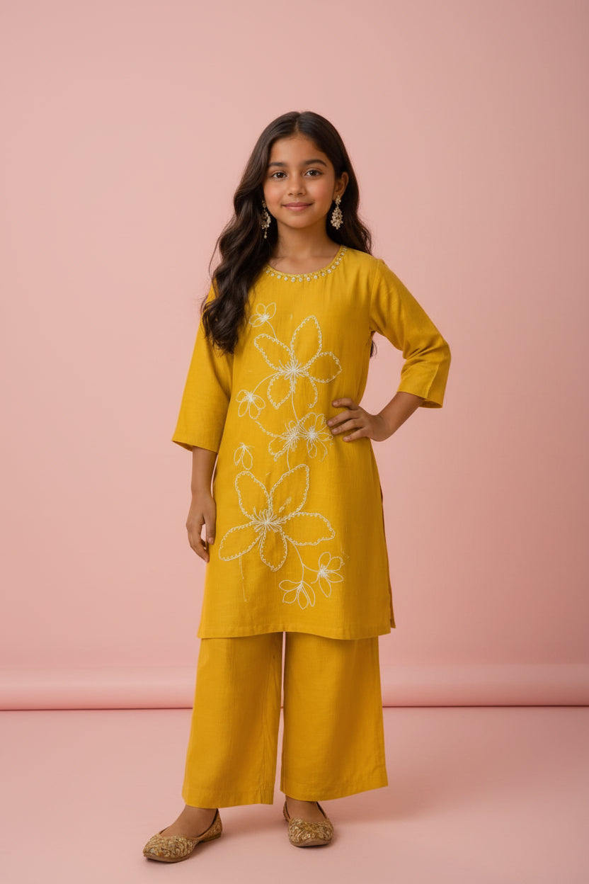 Stylish Mustard Floral Kurti Palazzo Set for Girls – Traditional Look