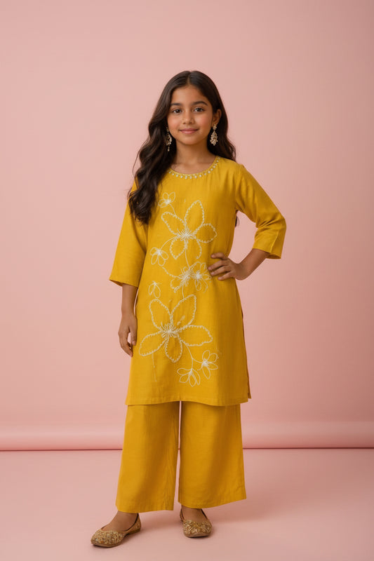 Stylish Mustard Floral Kurti Palazzo Set for Girls – Traditional Look