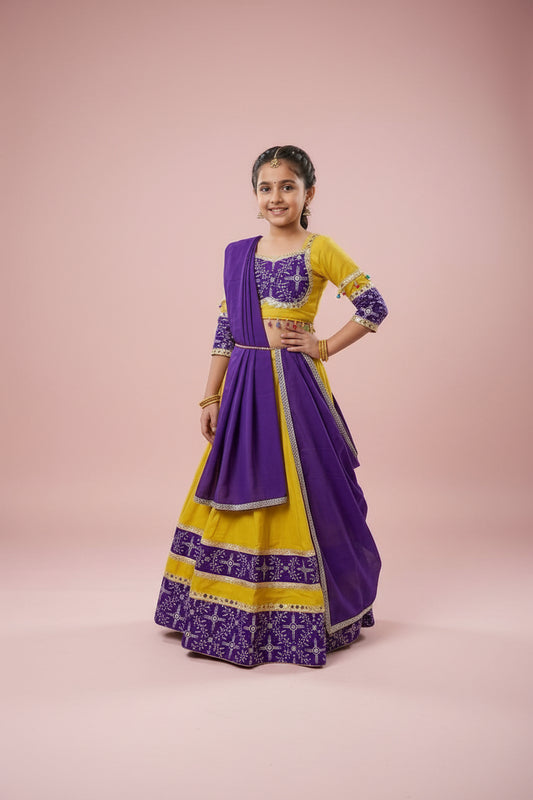 Girls Purple & Yellow Lehenga Choli Set with Dupatta – Festive Wear