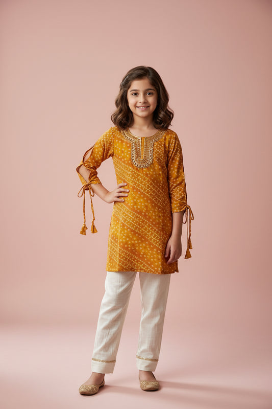 Designer Mustard Printed Kurti Set for Girls with White Bottoms