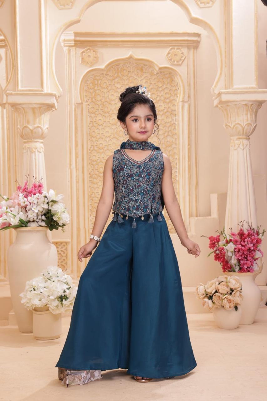 Girls’ Teal Blue Embroidered Crop Top & Palazzo Set – 2-Piece Festive Outfit