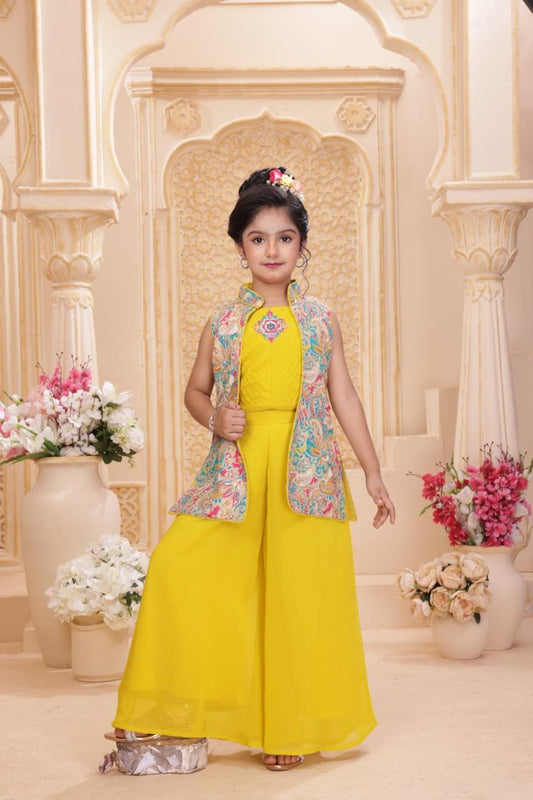 Girls’ Yellow Embroidered Jacket Style Palazzo Set – 3-Piece Festive Outfit