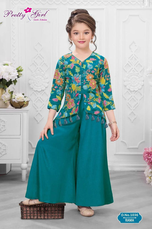 Girls’ Rama Green Floral Printed Peplum Top & Palazzo Set – 2-Piece Festive Outfit