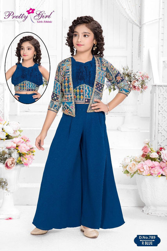 Girls’ Royal Blue Embroidered Jacket Style Palazzo Set – 3-Piece Festive Outfit