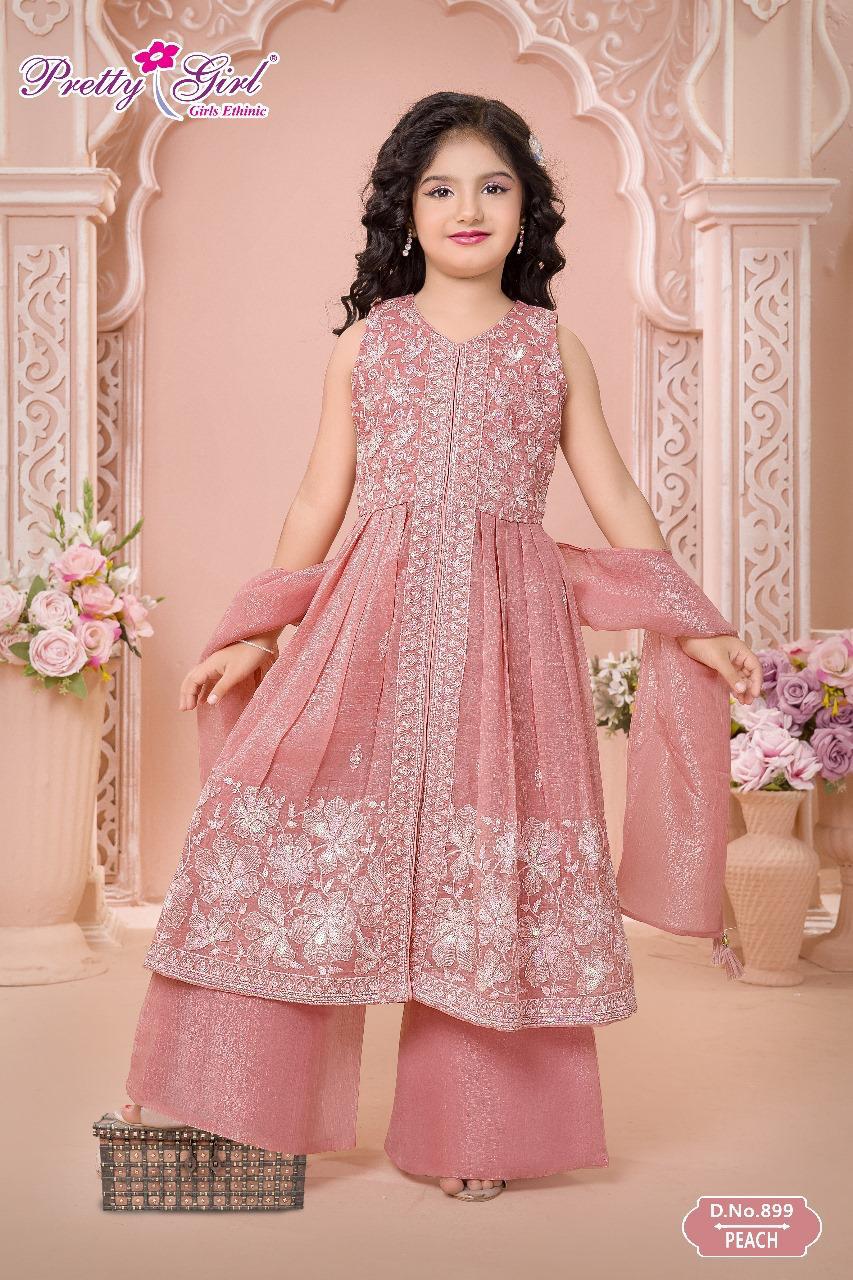 Girls’ Peach Embroidered Kurti & Palazzo Set with Dupatta – 3-Piece Festive Outfit