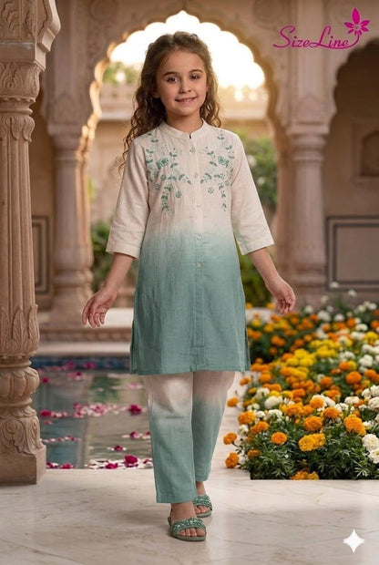 Girls Dual-Shade Ombre Linen Kurti Pant Set
