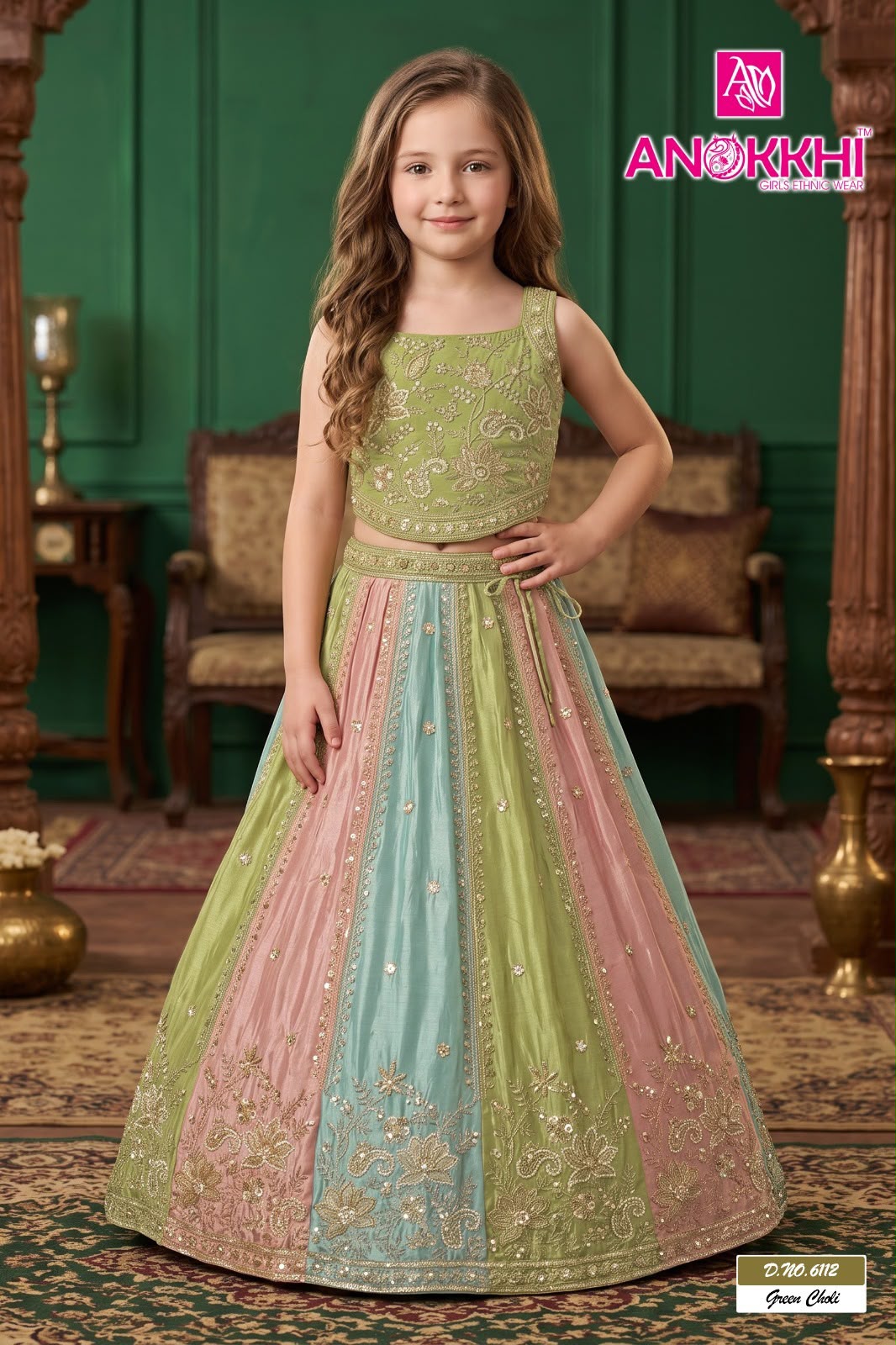 Girls Pastel Multi-Color Panel Lehenga Set with Embroidered Green Choli