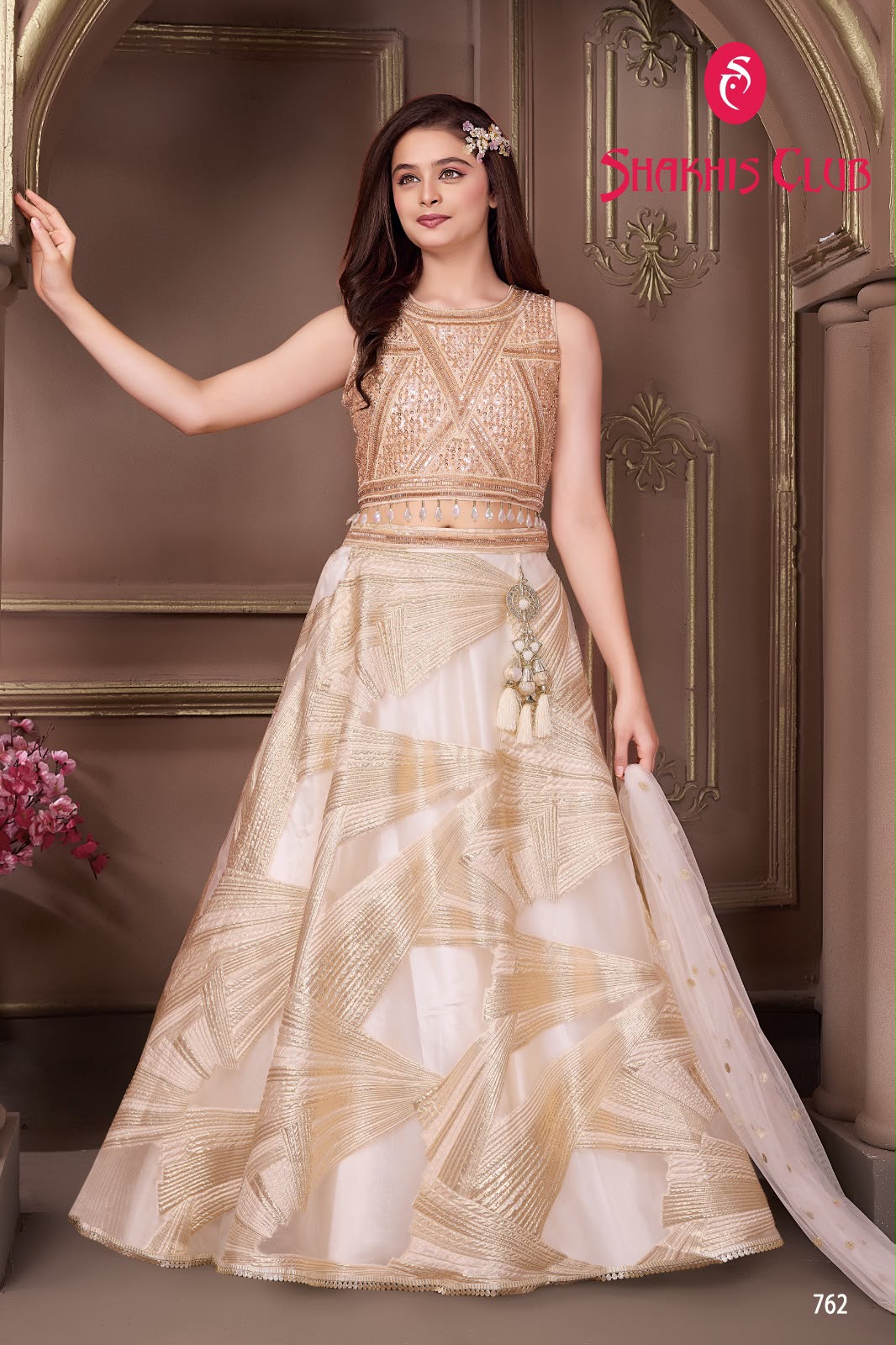 Girls Cream Designer Party Wear Lehenga with Gold Embellished Top