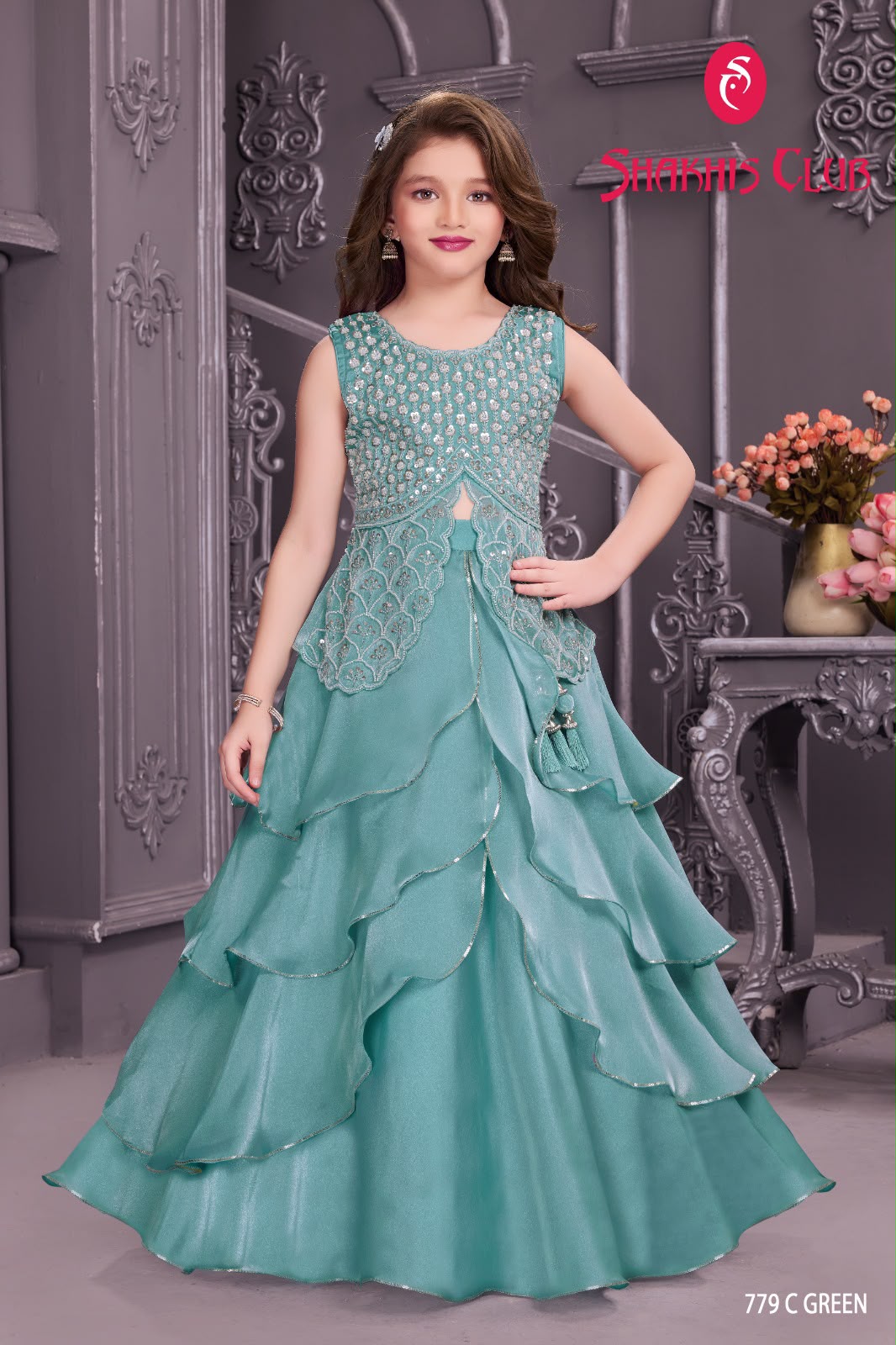 Girls Designer Teal Green Sequined Jacket Style Lehenga Choli Set