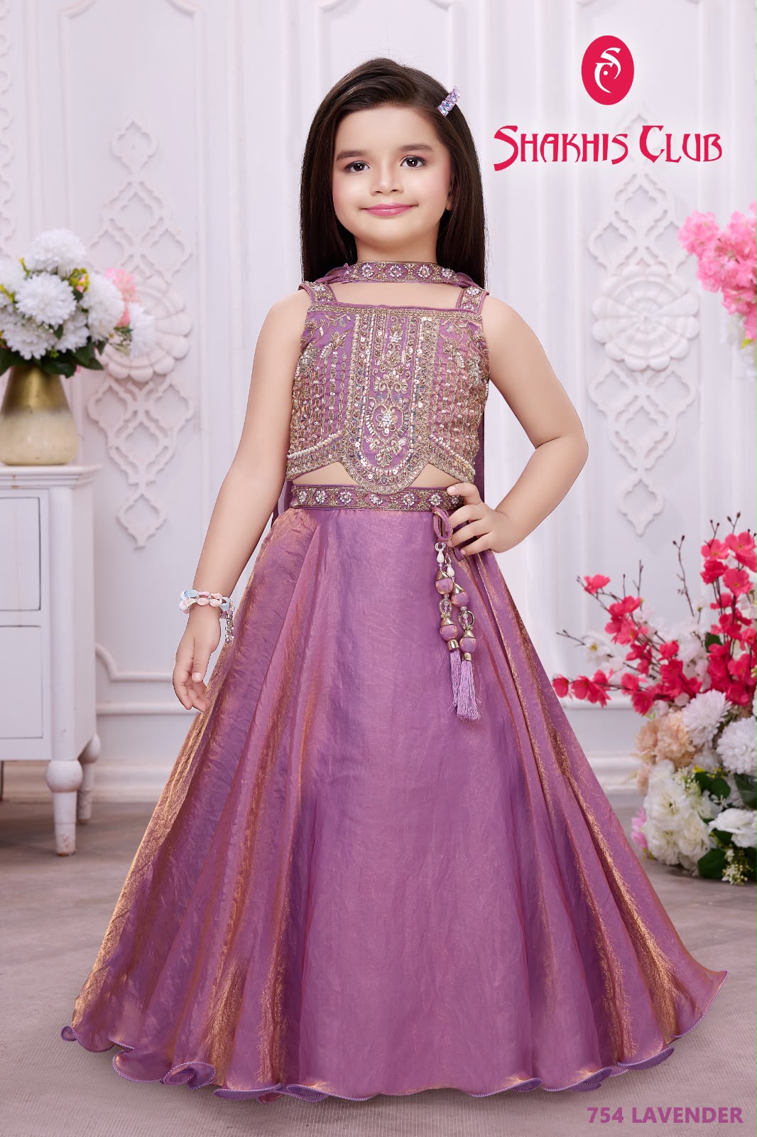 Girls Party Wear Lavender & Gold Shimmer Lehenga Choli Set