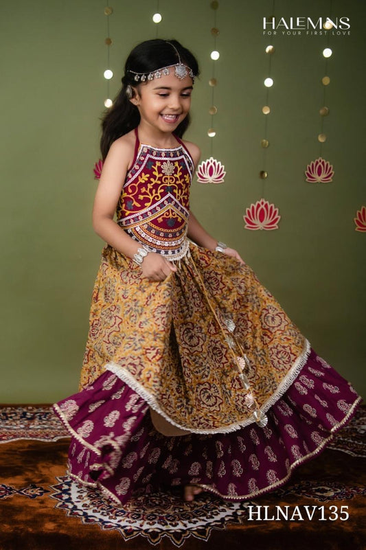 Girls Maroon & Mustard Floral Printed Halter Neck Chaniya Choli Set