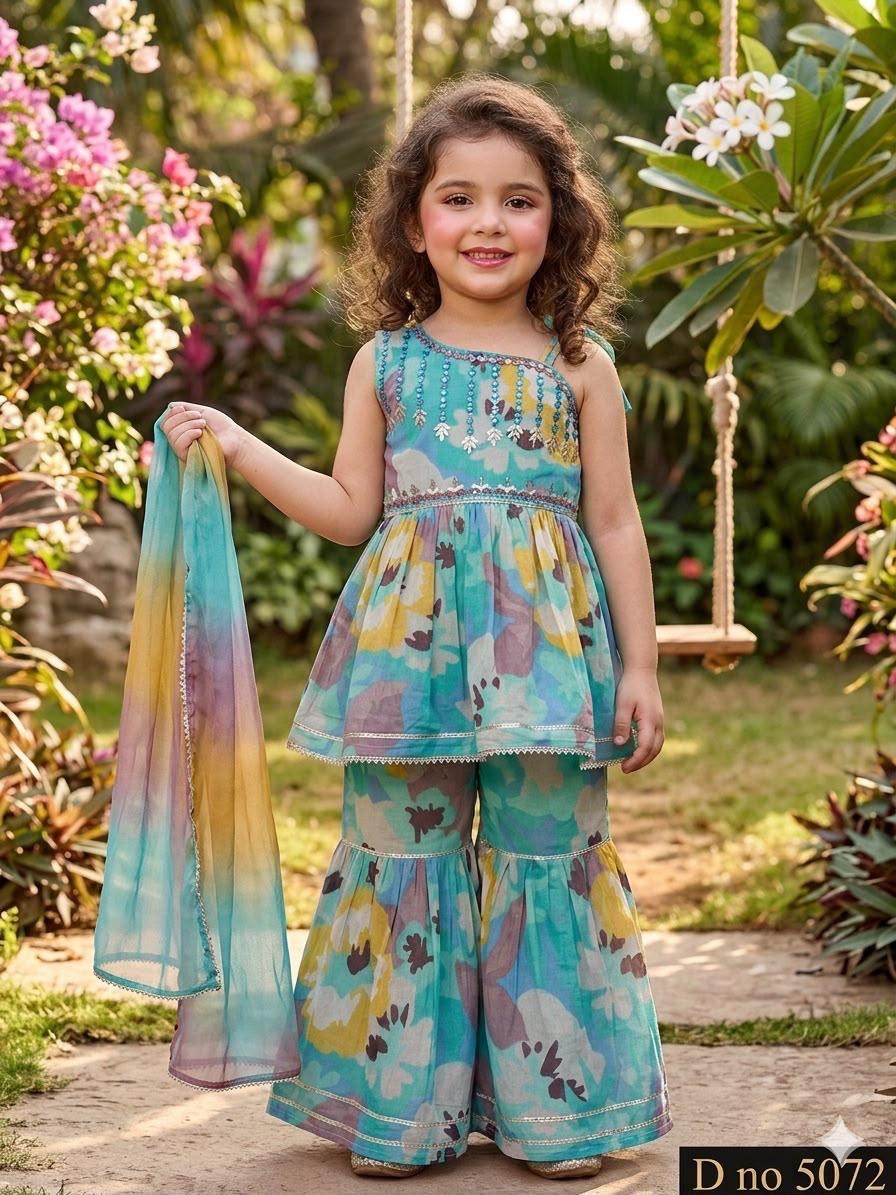 Girls Teal Floral Embroidered Sleeveless Kurti Palazzo Set