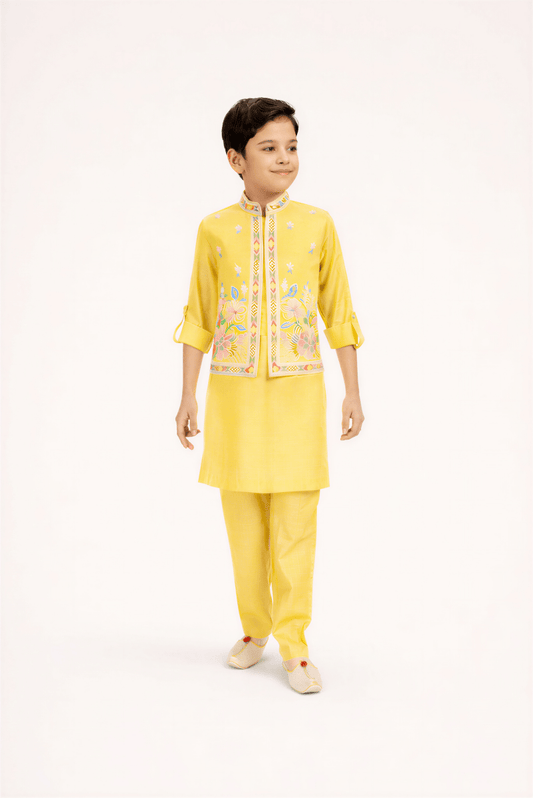 Boys’ Floral Embroidered Mustard Koti Set - nemi kids wear