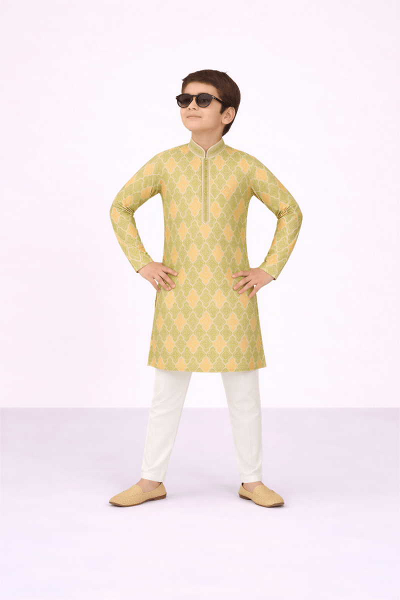 Boys' Olive & Peach Patterned Kurta - nemi kids wear