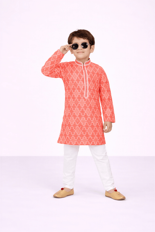 Boys’ Peach Bandhani - Print Kurta Set - nemi kids wear
