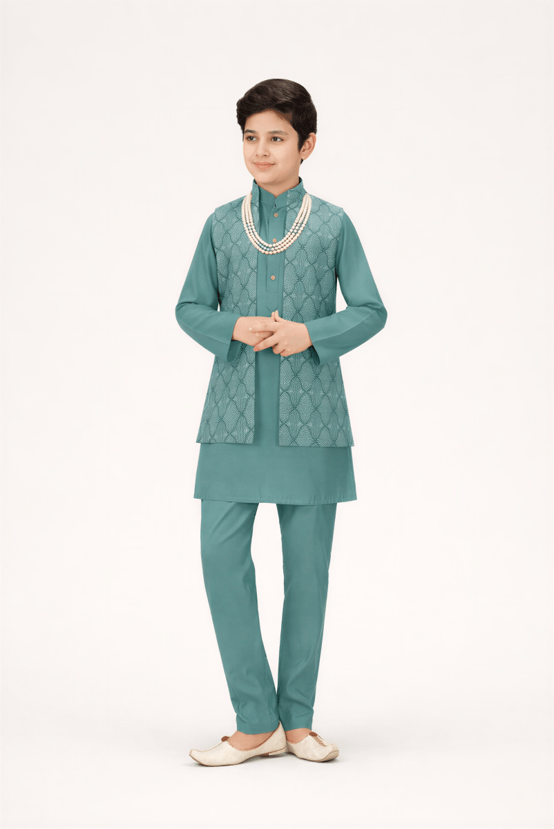Boys' Royal Teal Embroidered Waistcoat Set - nemi kids wear