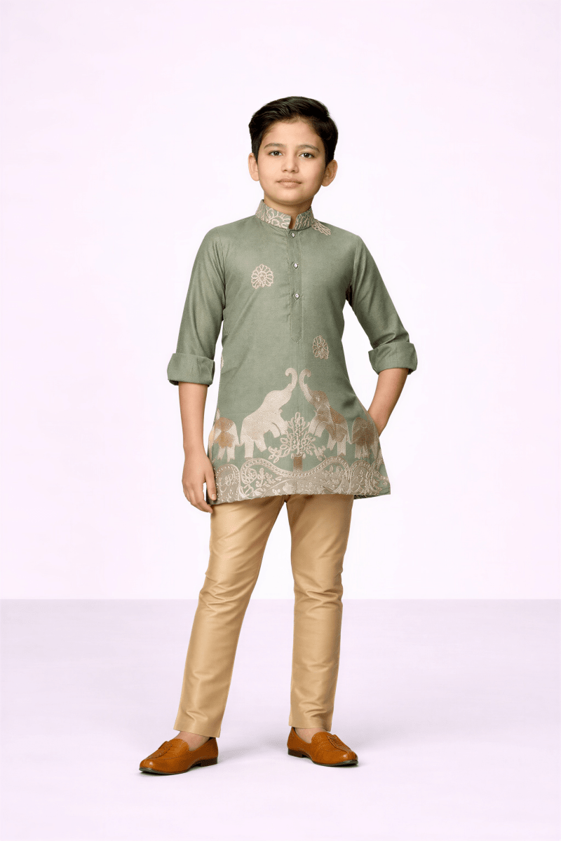 Boys’ Sage Green Elephant Motif Kurta Set - nemi kids wear