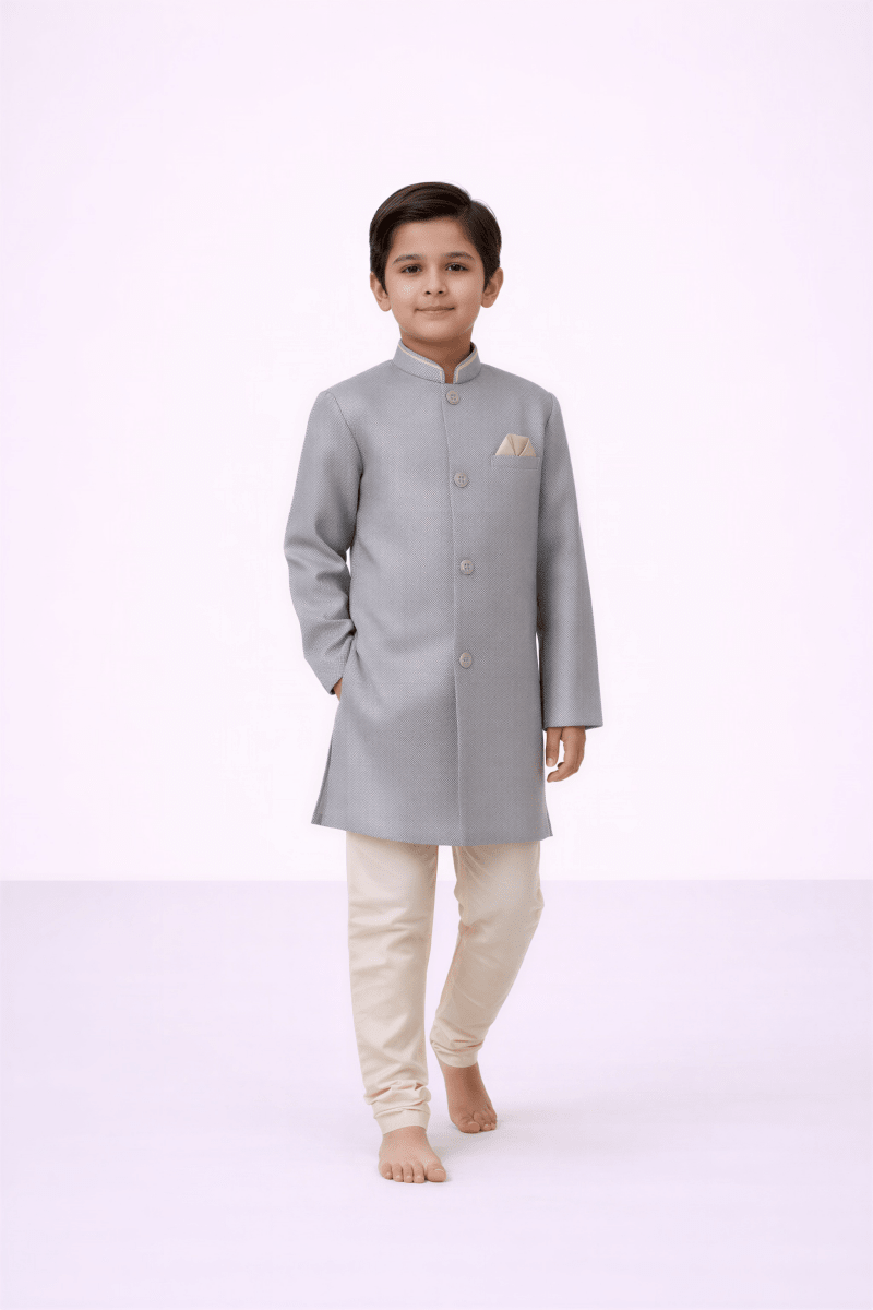 Boys’ Steel Blue Jacquard Sherwani Set - nemi kids wear
