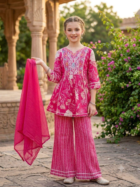 Girls Rani Pink Floral Printed & Embroidered Kurti Pant Set with Matching Dupatta