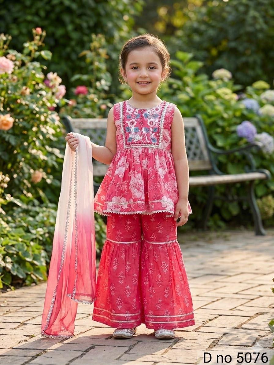 Festive Coral Pink Floral Embroidered Kurti Pant Set for Girls