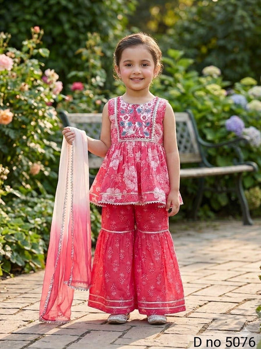 Festive Coral Pink Floral Embroidered Kurti Pant Set for Girls