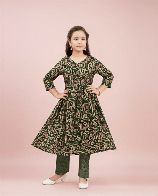 Earthy Essence: Girls’ Forest Green Abstract Kurta & Trouser Set - nemi kids wear